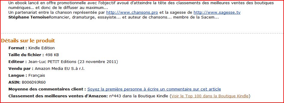  6 jours aprs sa sortie 443eme position des ventes de la boutique AMAZON KINDLE